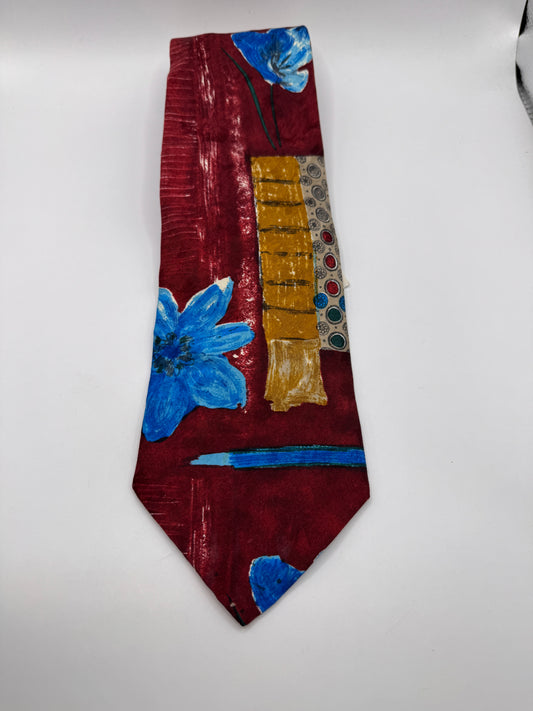 Vintage Bellissimo 100% Silk Tie – Red Abstract Floral, 56” x 5”, Brand New