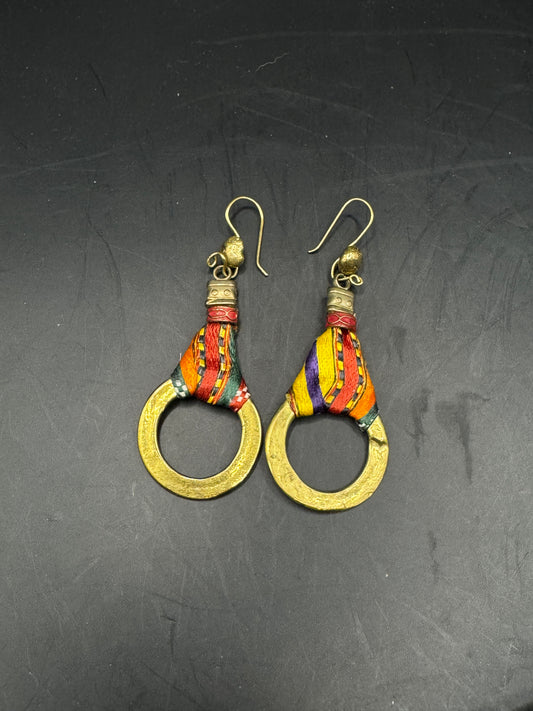 Vintage Large Bronze Drop Earrings – Colorful Wrapped Thread Boho Statement Earrings