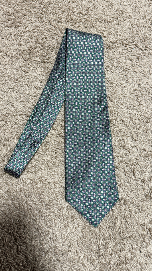 Vintage Avanzala Silk Tie – Green & Purple Geometric Pattern, 100% Silk, Wide Blade, 57”