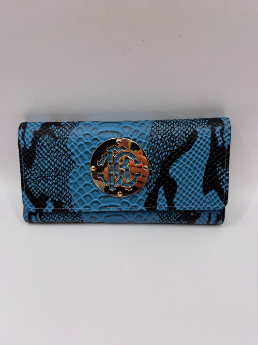 Vintage Roberto Cavalli Wallet – Blue & Black Embossed Leather, Brand New