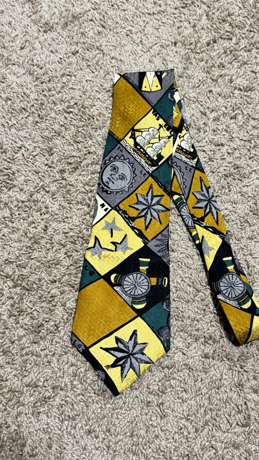 BNWT Vintage Bergamo 100% Silk Tie – Artistic Renaissance & Nautical Print Designer Necktie Multicolor 55” x 4”