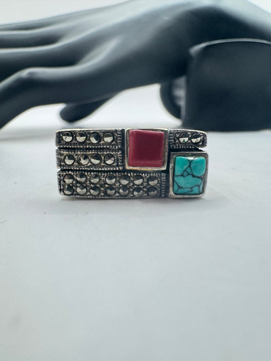 Vintage Native American Style Turquoise & Red Stone Ring – Size 8