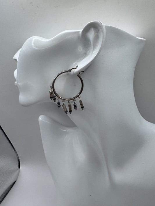 Vintage Sterling Silver Hoop Earrings with Black Onyx Dangles – Excellent Condition