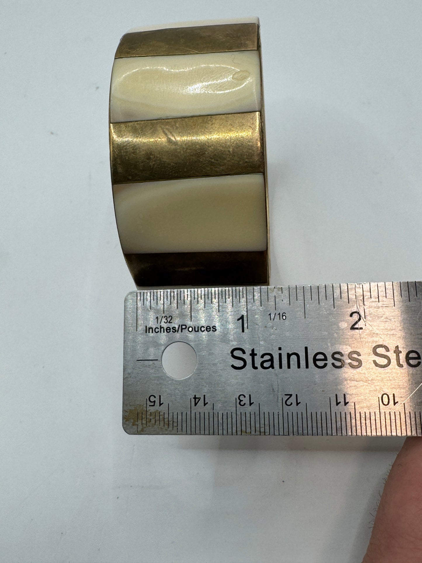 Vintage Massive Brass Cuff Bracelet – Mother of Pearl Inlay, Wide Statement Bangle, 2.5” Diameter