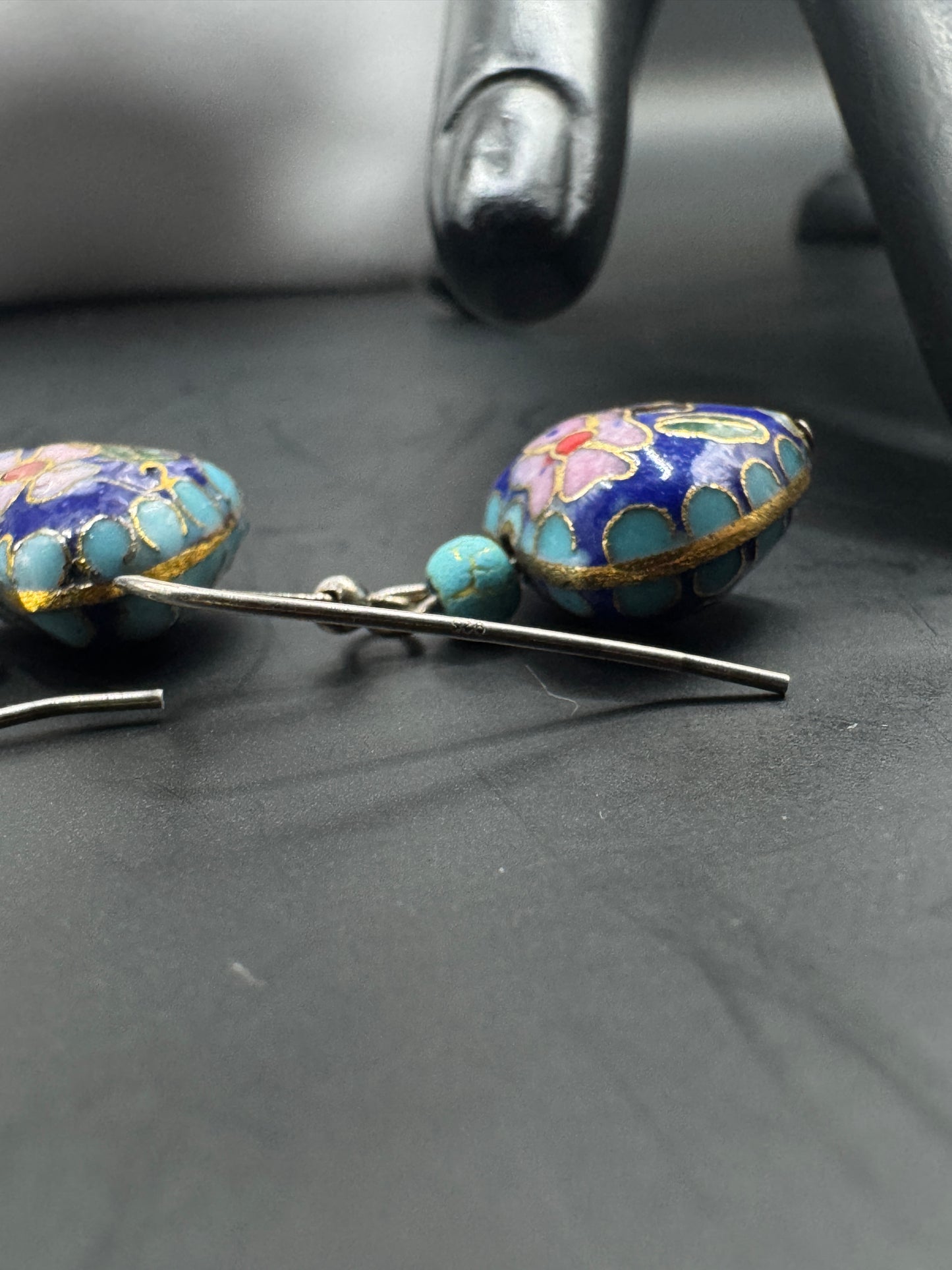 Vintage Cloisonné Enamel Bangle & Earrings Set – Sterling Silver 925, Floral Blue Design