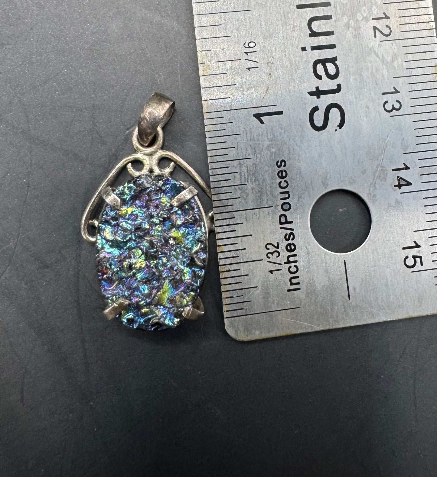 Vintage Sterling Silver Pendant with Titanium Druzy – 1”