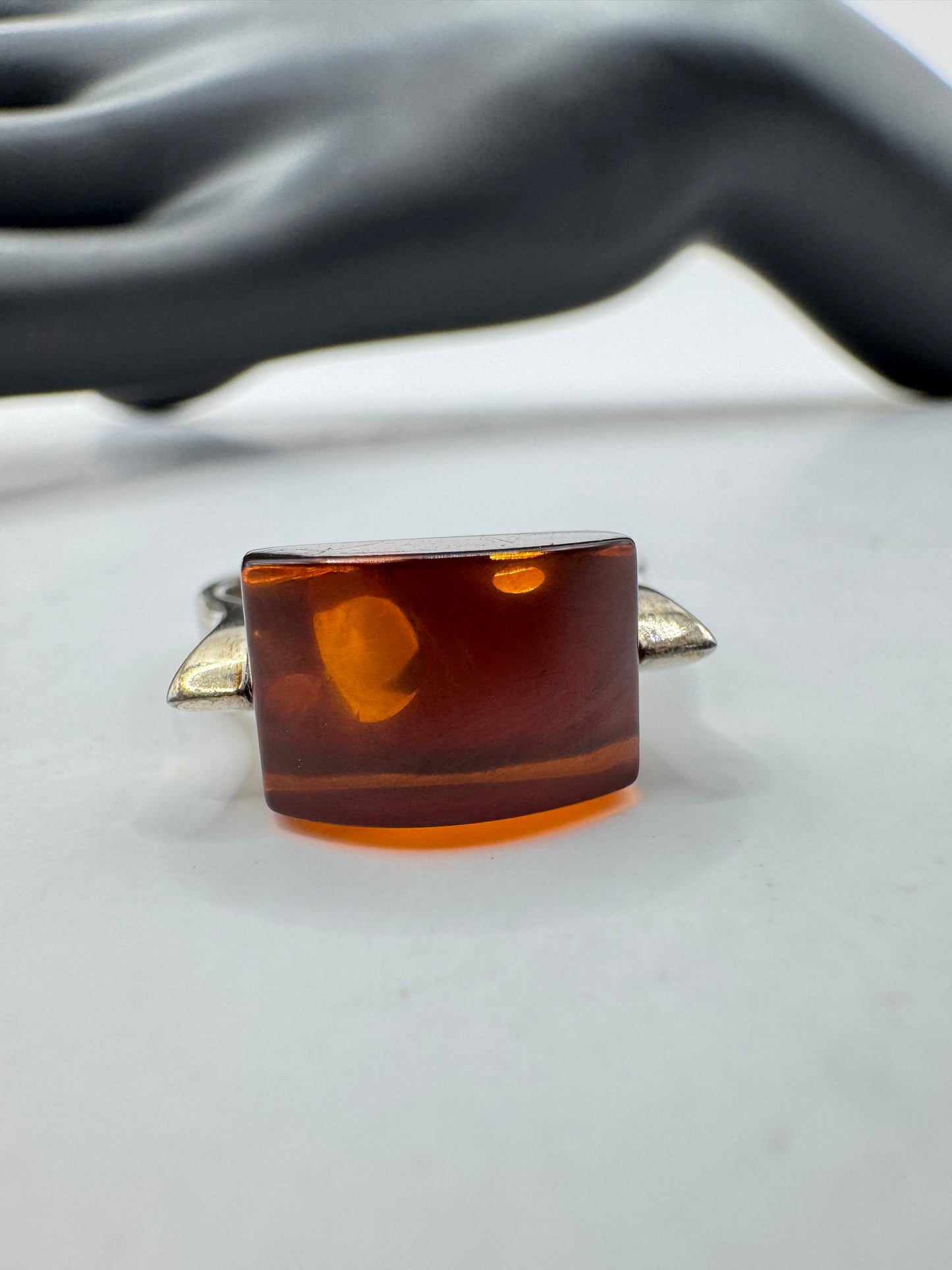 Sterling Silver Amber Barrel Ring Size 7
