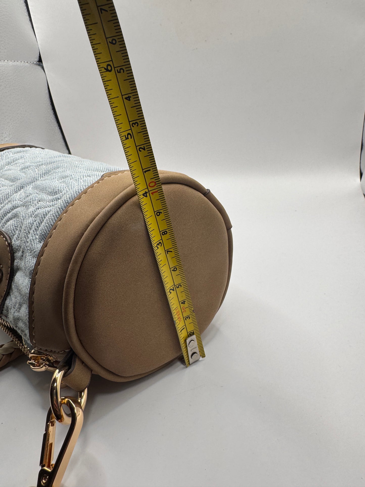 True Religion Quilted Horseshoe Mini Duffel Crossbody Bag – Brand New, Denim & Tan