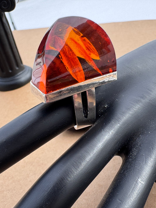 Sterling Silver Ring with Faceted Fire Amber, Size 7.5