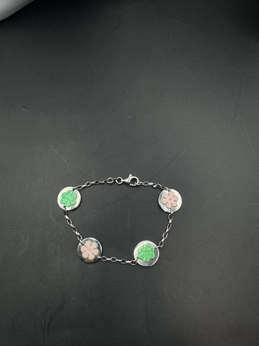 Vintage Italian Sterling Silver 925 Bracelet with Leather Flower Inlays – Pastel Floral Disc Design