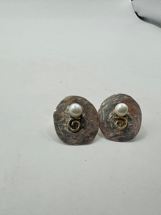 Unique Handmade Modernist Sterling Silver Pearl Earrings with 14K Gold Accents & 14K Gold Posts(tested)