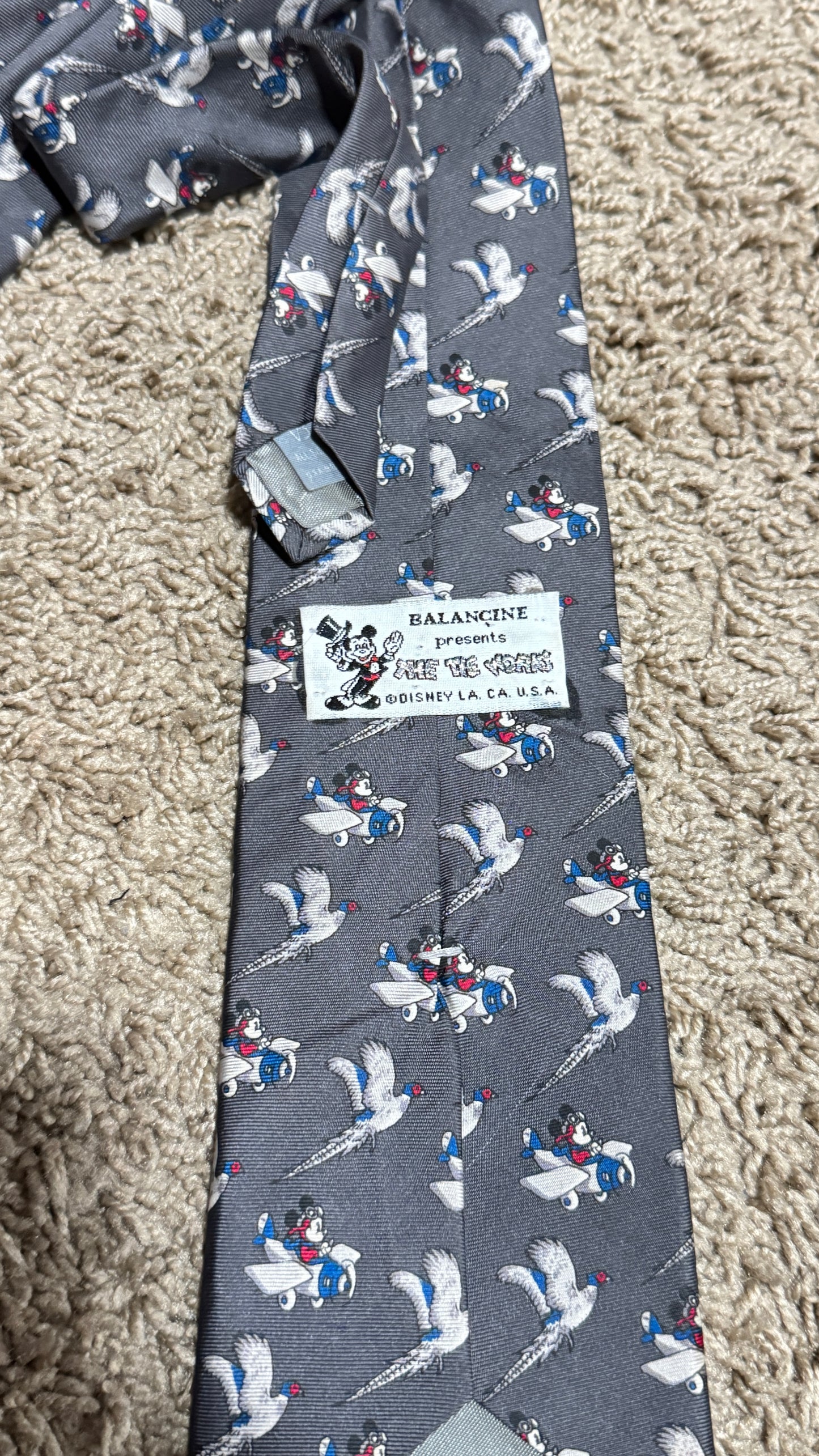 Vintage Balancine Disney Tie – Mickey Mouse Airplane Print, 100% Silk, Made in USA