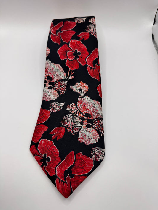 Vintage Louis Feraud Tie – Red Floral Print, 100% Polyester, 56” x 4.5”