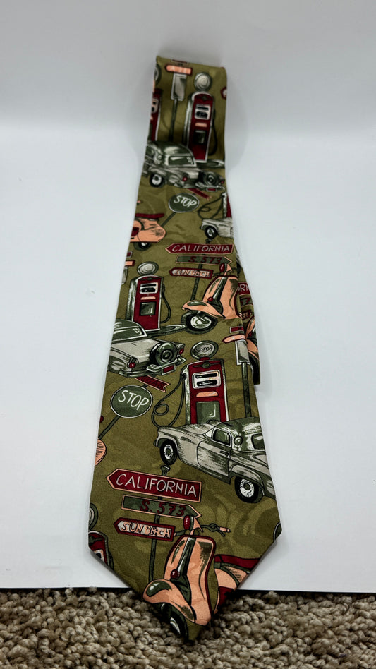Vintage Club International 100% Silk California Scenic Tie, Olive Green Novelty Print