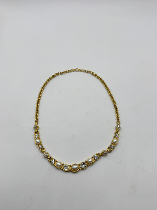 Vintage Monet Gold Tone Necklace with Faux Pearls & Rhinestones – Elegant Statement Collar Necklace
