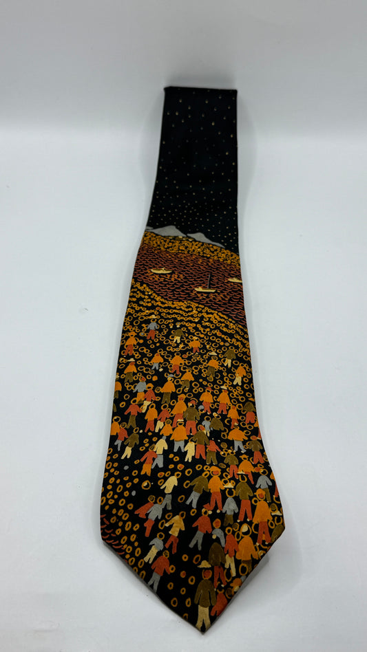 Vintage Lanvin Paris 100% Silk Scenic Print Tie, Black and Multicolor