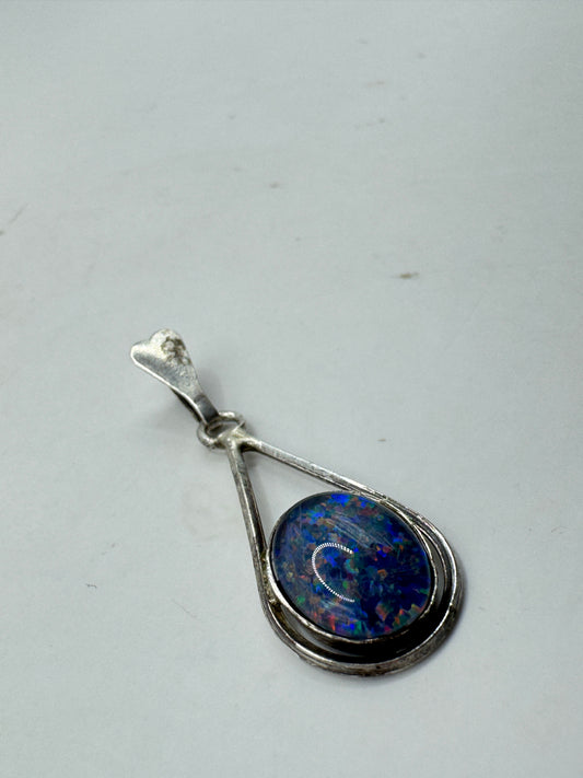 Vintage Sterling Silver Smoky Opal Pendant – Blue Fire Teardrop Gemstone Charm