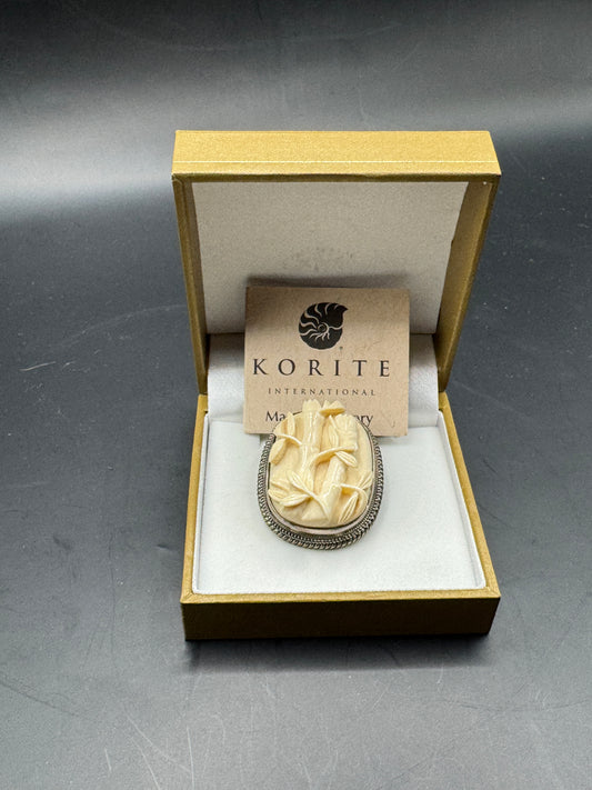 Vintage KORITE Sterling Silver 925 Pendant Brooch – Fossil Mammoth Ivory Floral Carving – CITES Exempt – Large Statement Piece – New Old Stock
