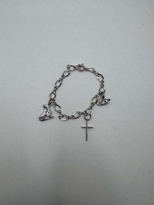 Vintage Sterling Silver Charm Bracelet – Ice Skate & Cross Charms