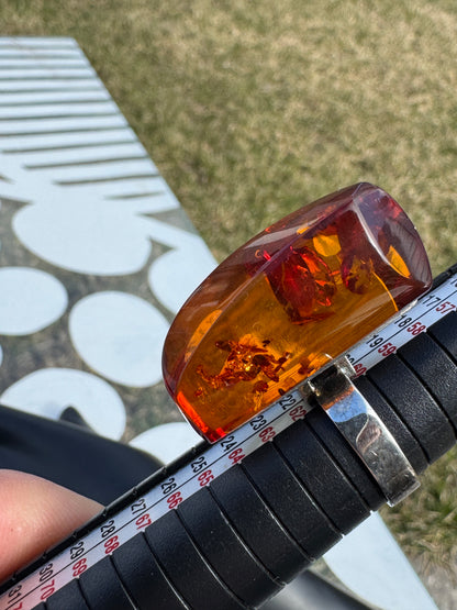Vintage Amber Ring Sterling Silver Large Cognac Amber Statement Ring Sz 9.5