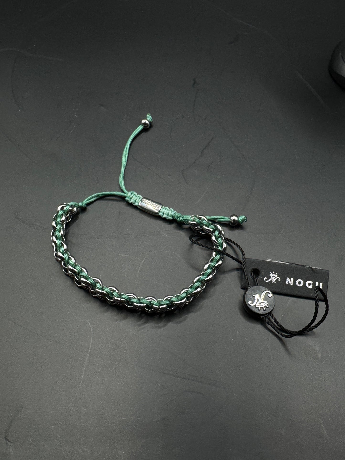 BNWT NOGU Bracelet – Green Cord & Silver Tone Chain, Adjustable, Modern Style