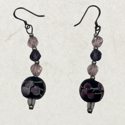 Vintage 925 Sterling Silver Murano Glass Earrings – Purple Floral Dangles