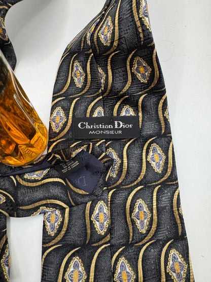 Christian Dior 100% Silk Tie – Vintage Black & Gold Pattern, 58” x 4”