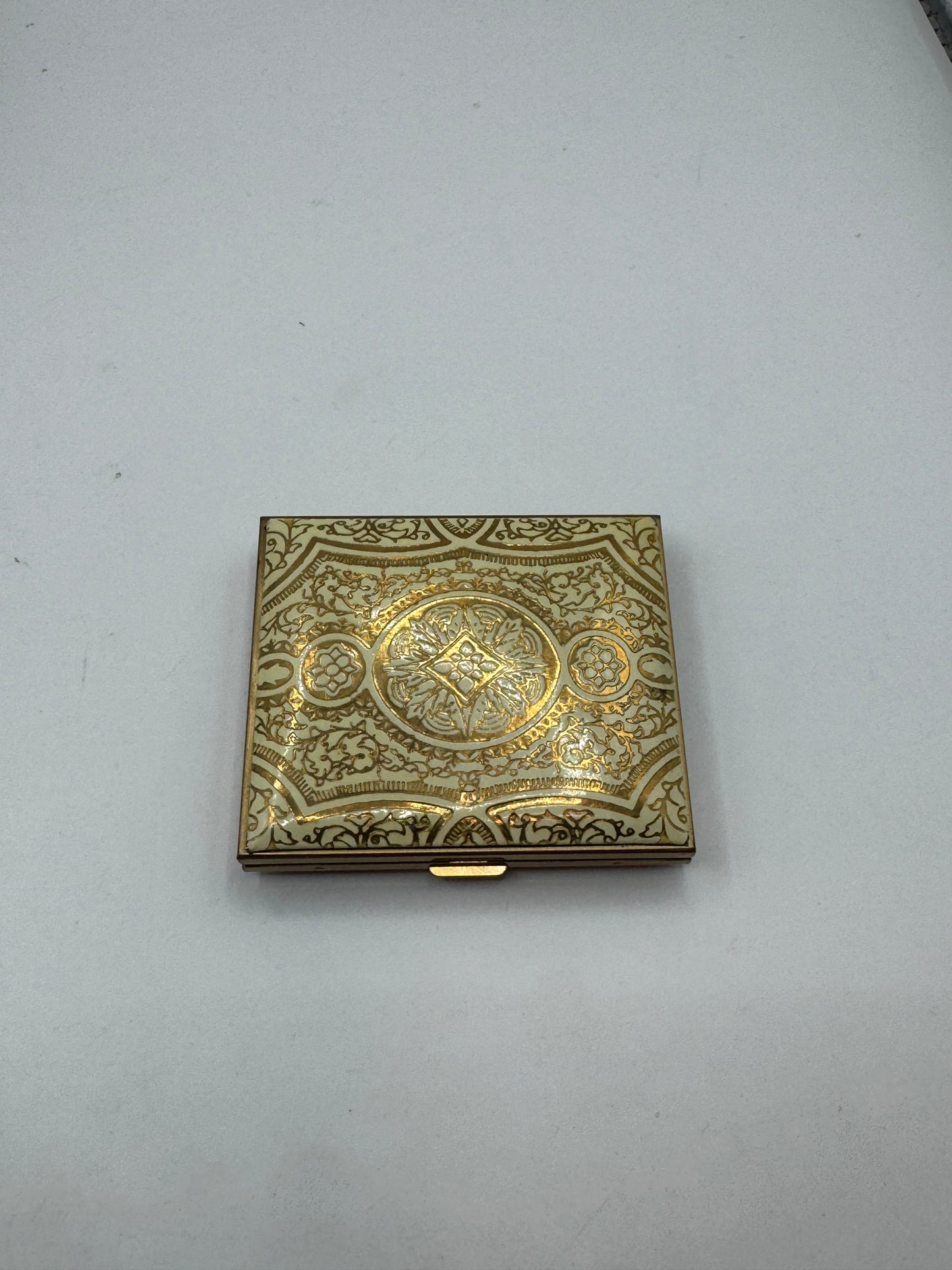 Early 1960s Italian Hand-Tooled Gold Leather Powder Compact with Mirror