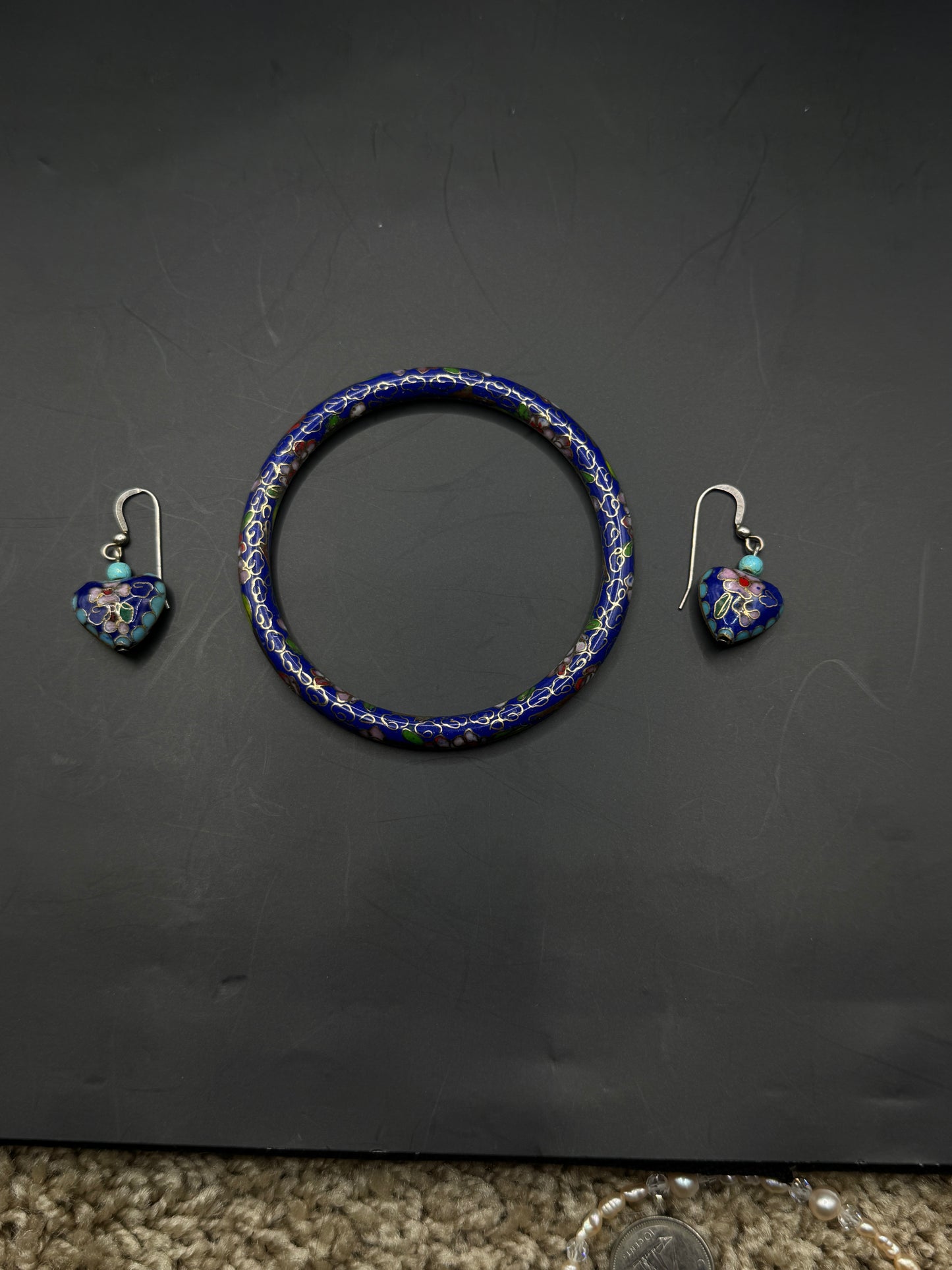 Vintage Cloisonné Enamel Bangle & Earrings Set – Sterling Silver 925, Floral Blue Design