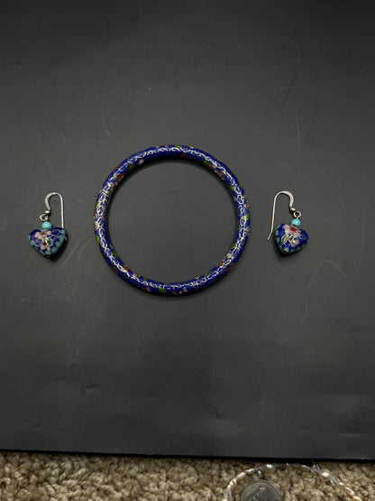 Vintage Cloisonné Enamel Bangle & Earrings Set – Sterling Silver 925, Floral Blue Design