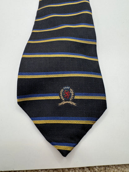 Vintage Tommy Hilfiger Silk Tie – 100% Silk, Navy Stripe Crest