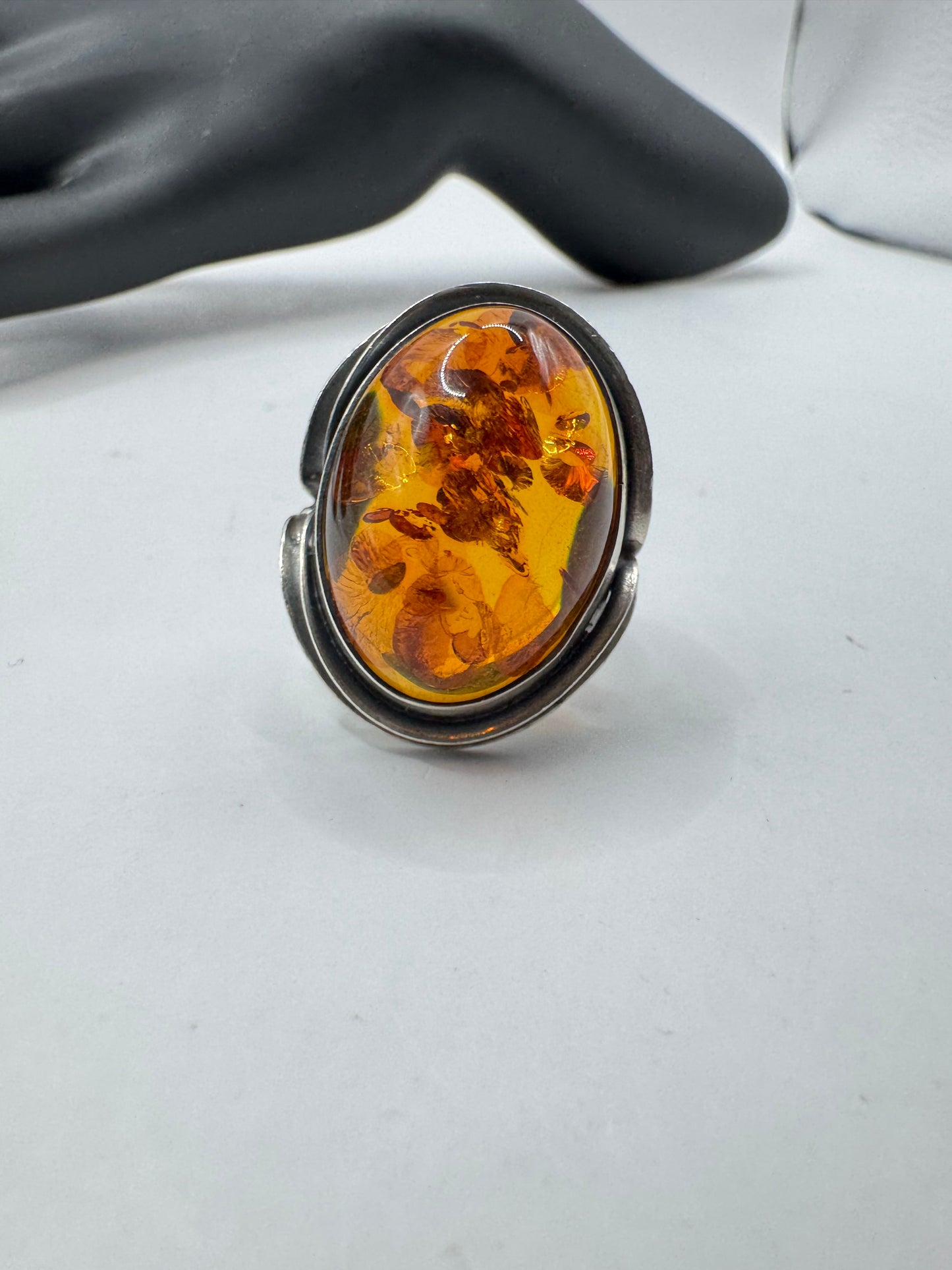 Vintage Sterling Silver X-Large Amber Sculpture Ring Size 7