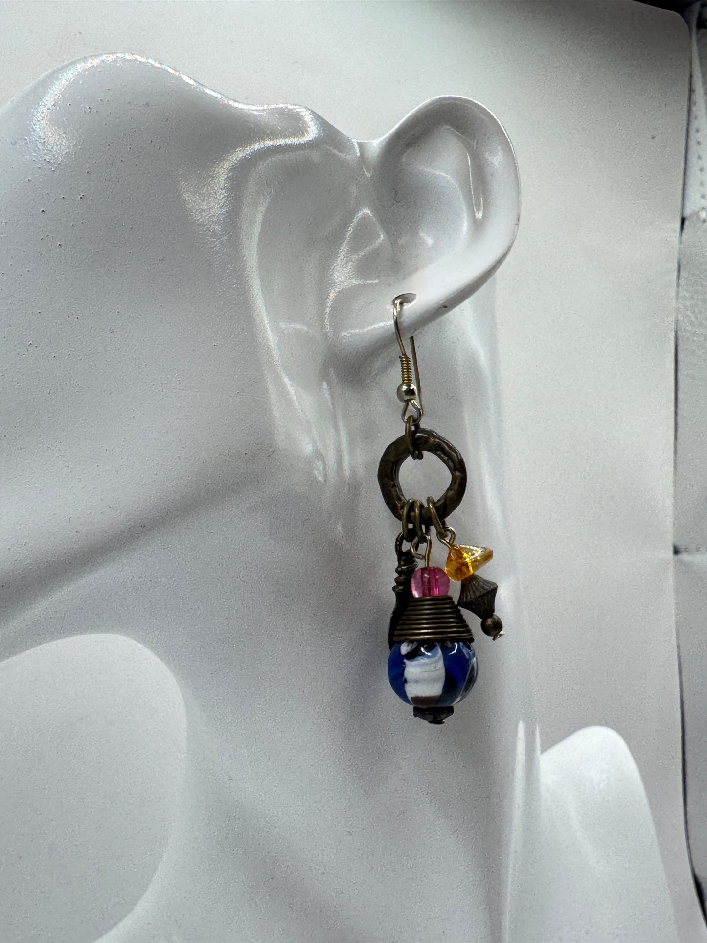 Vintage Boho Art Glass & Bronze Tone Dangle Earrings – Eclectic Artisan Style