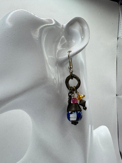 Vintage Boho Art Glass & Bronze Tone Dangle Earrings – Eclectic Artisan Style