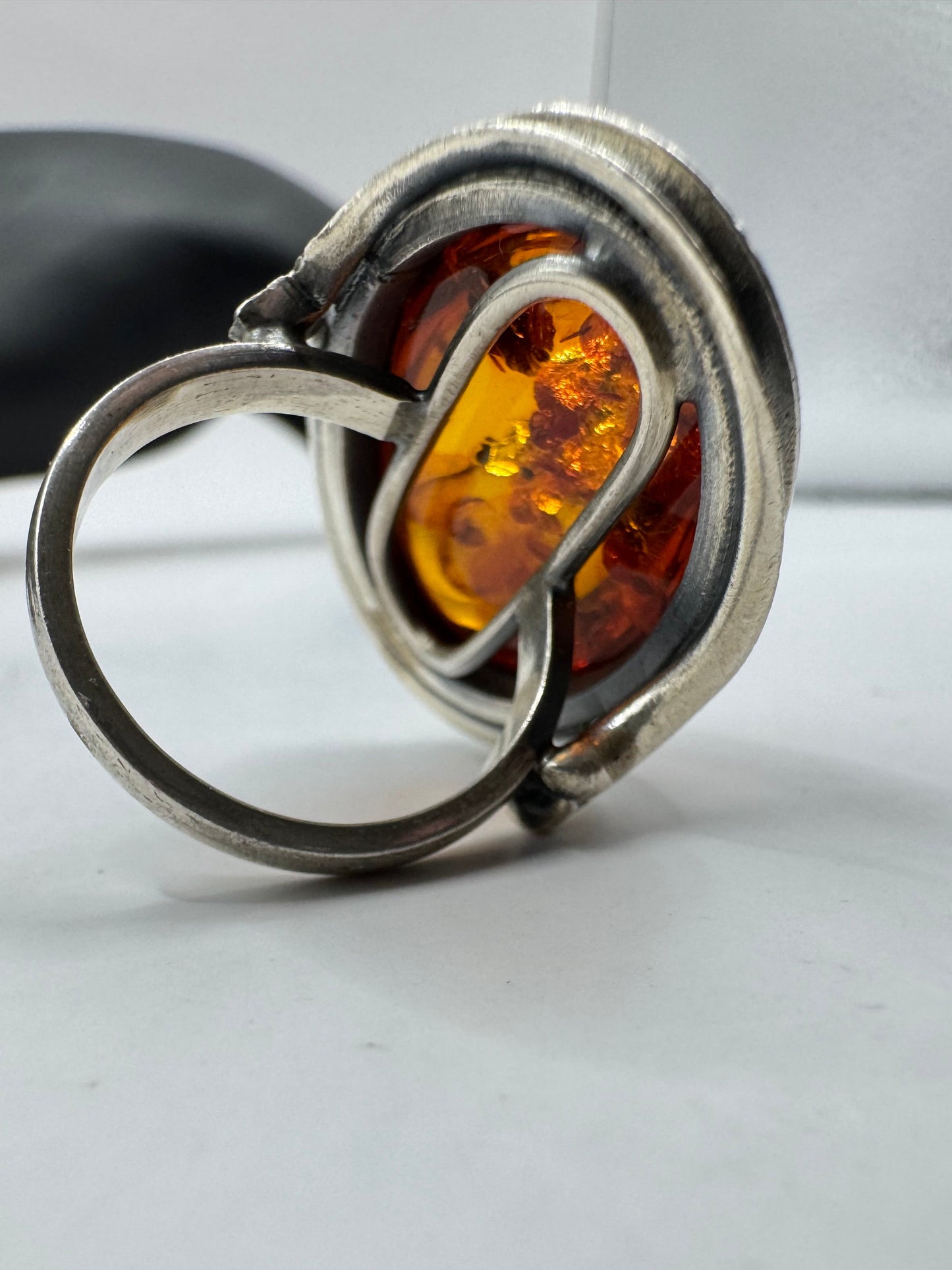 Vintage Sterling Silver X-Large Amber Sculpture Ring Size 7