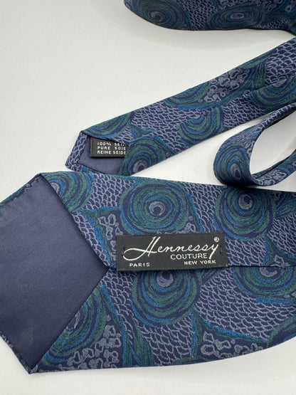 Vintage Hennessy Couture 100% Silk Tie – Blue & Green Abstract Pattern, 56” x 3.5”