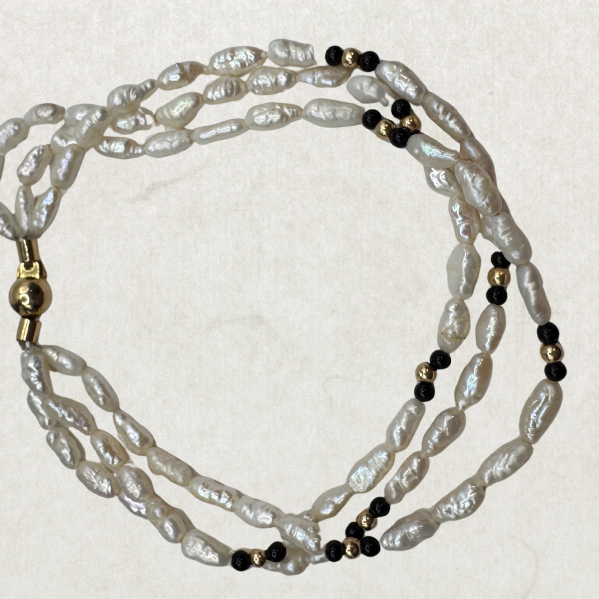 Vintage Three-Row Pearl Bracelet with Onyx & 14K Gold Clasp