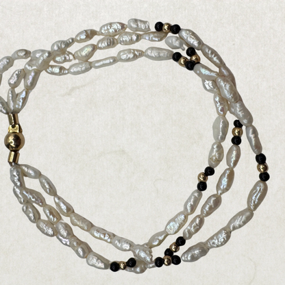Vintage Three-Row Pearl Bracelet with Onyx & 14K Gold Clasp