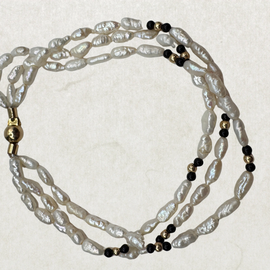 Vintage Three-Row Pearl Bracelet with Onyx & 14K Gold Clasp