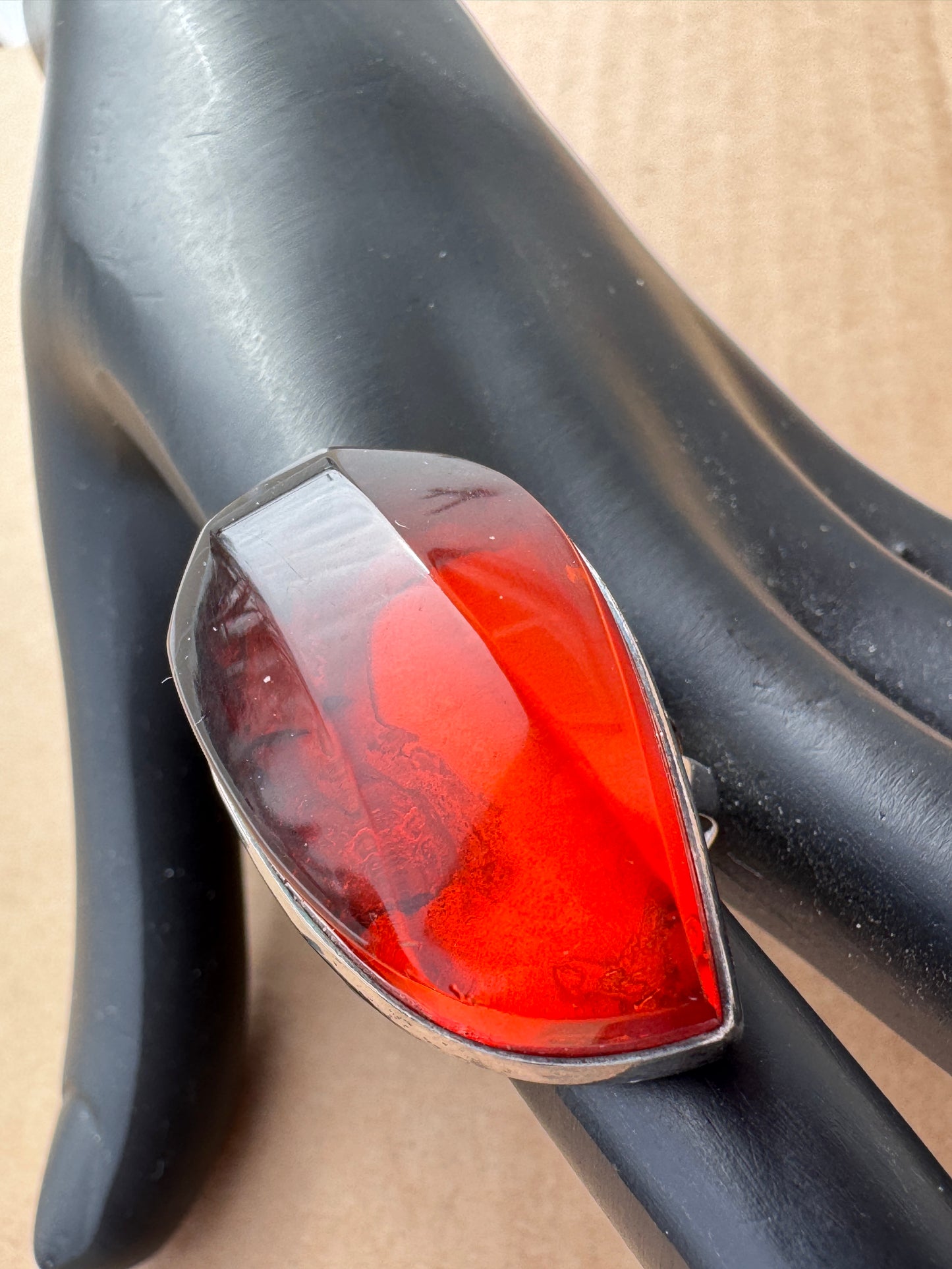 Sterling Silver Ring with Red Fire Amber, Size 9