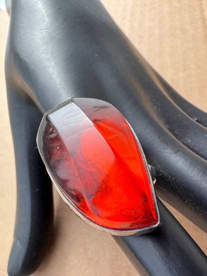 Sterling Silver Ring with Red Fire Amber, Size 9