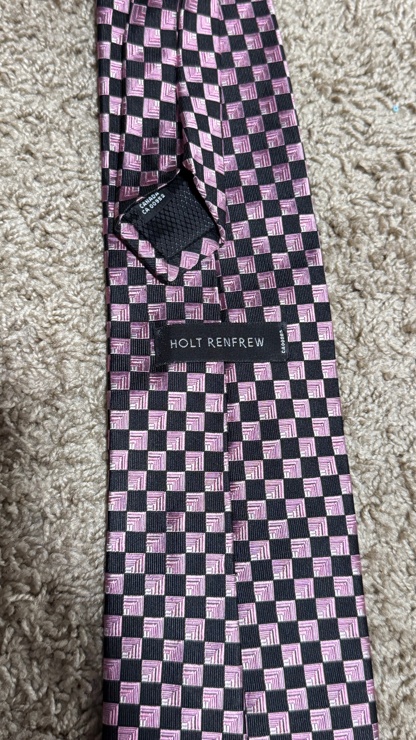 Vintage Holt Renfrew Silk Tie – Pink & Black Geometric Checker Pattern, 100% Silk, 59”