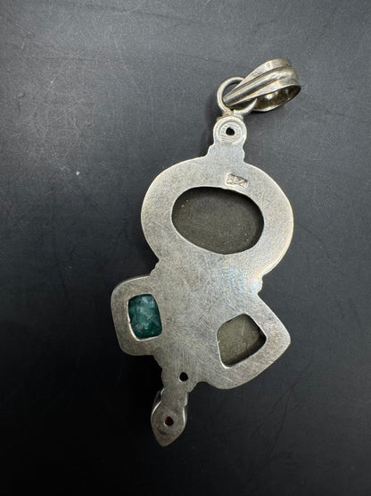 Large Vintage Sterling Silver Pendant with Natural Gemstones