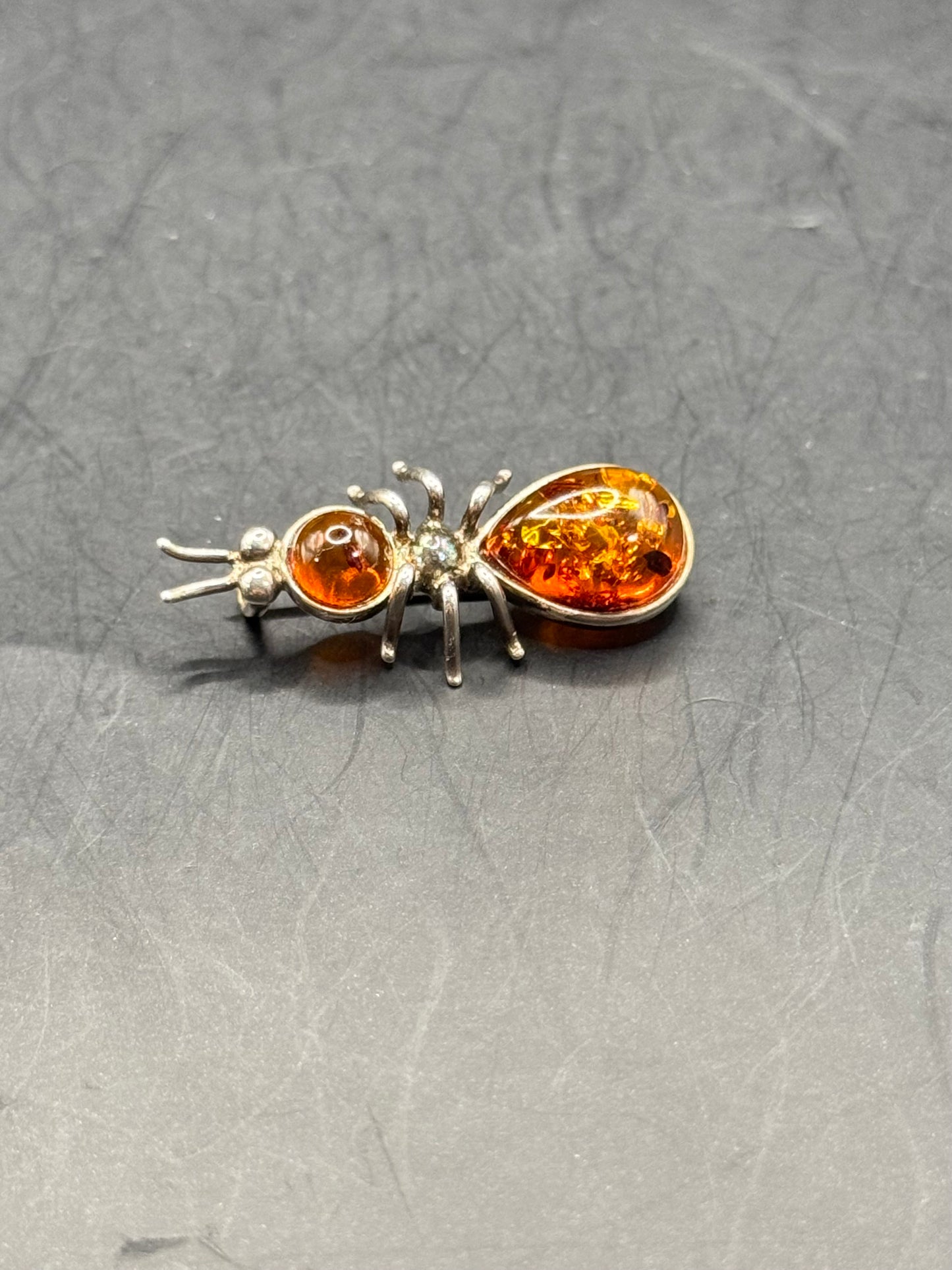 Vintage Amber Sterling Silver Ant Brooch