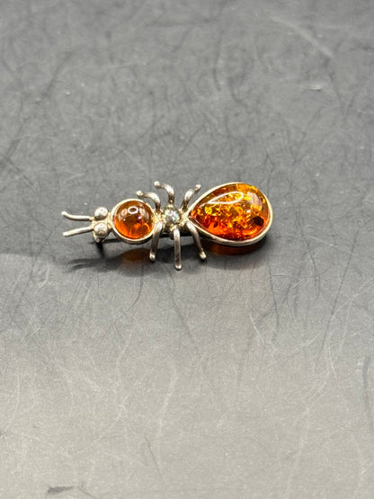 Vintage Amber Sterling Silver Ant Brooch