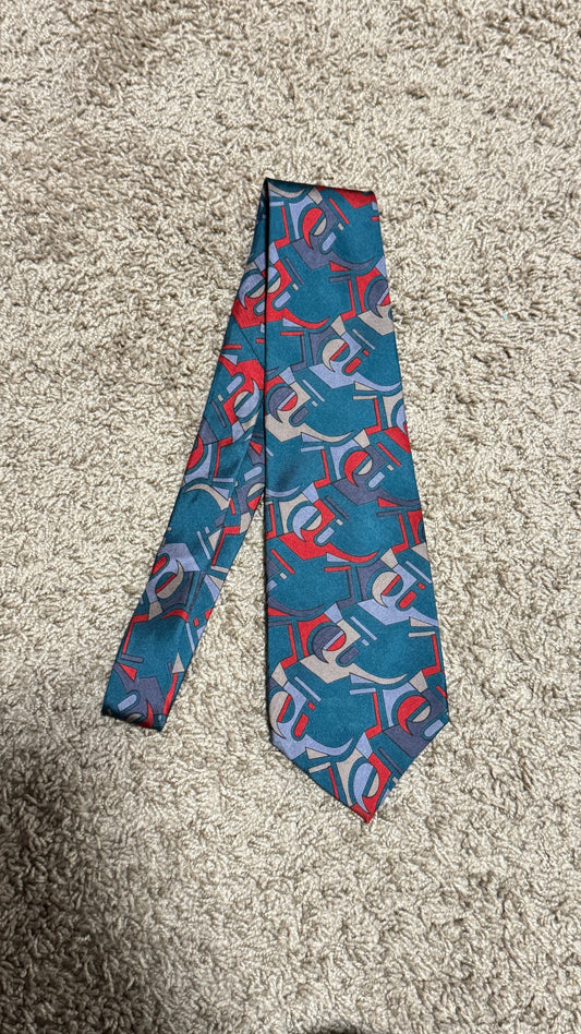 Vintage Moores Silk Tie – Abstract Geometric Pattern, Teal & Red, 100% Silk, 55”