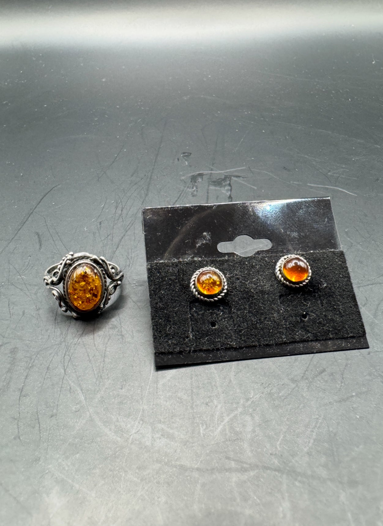 Vintage Sterling Silver 925 Baltic Amber Jewelry Set – Ring Size 7.5 & Stud Earrings