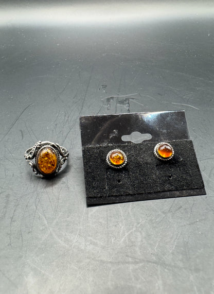 Vintage Sterling Silver 925 Baltic Amber Jewelry Set – Ring Size 7.5 & Stud Earrings