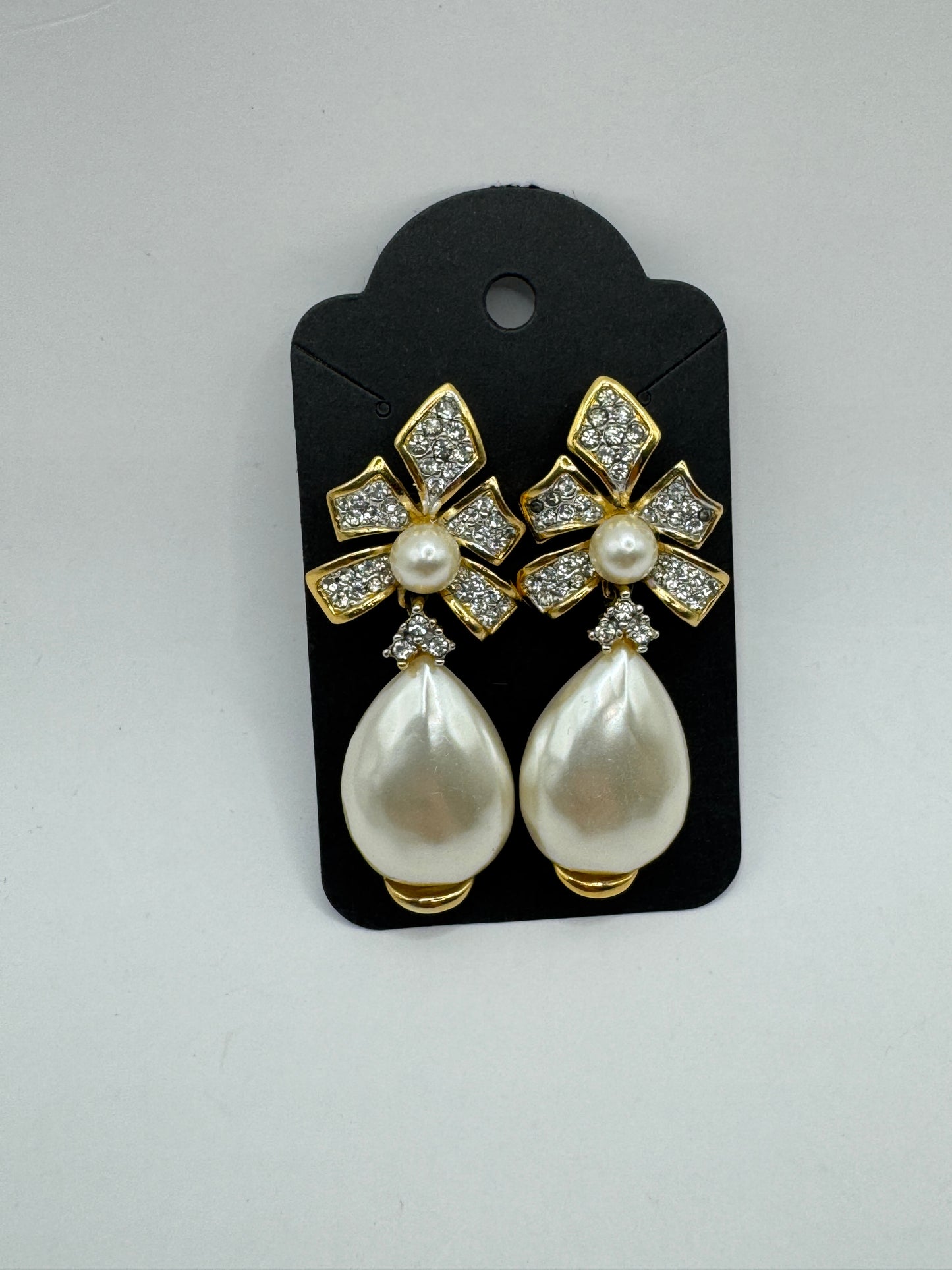 Vintage Gold-Tone Bow Pearl Drop Earrings with Crystal Rhinestones