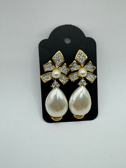 Vintage Gold-Tone Bow Pearl Drop Earrings with Crystal Rhinestones